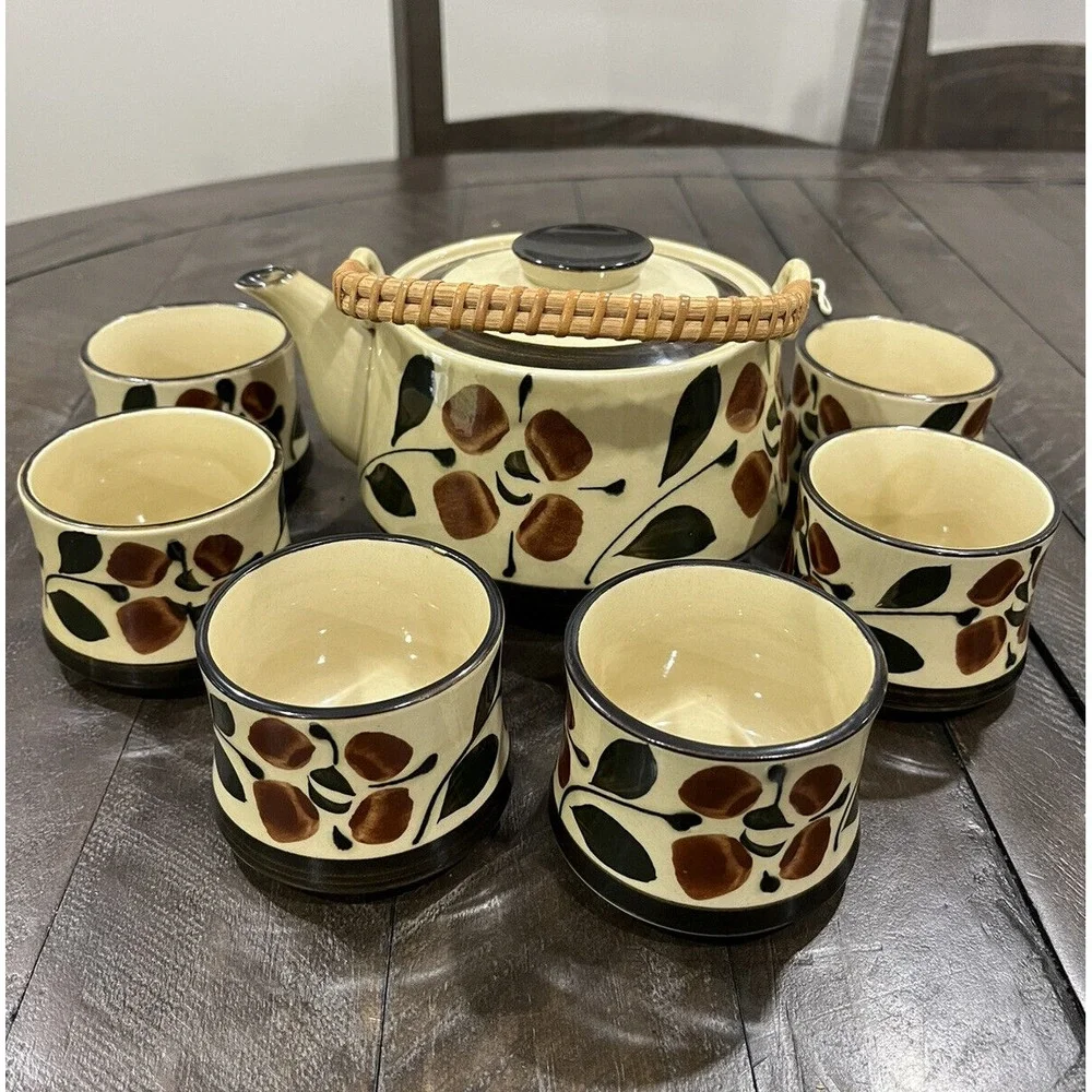 Japanese Style Teapot Bamboo Handle 6‎ Sake Cup Set Floral brown Stoneware